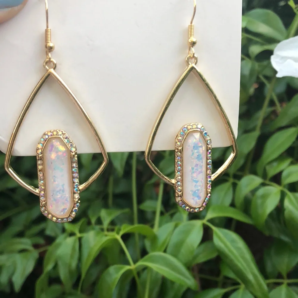 Opal + Aurora Borealis Crystal Halo Boho Gold Geometric Dangle Earrings